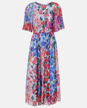 Carolina Herrera Floral Gathered Midi Dress - Blue