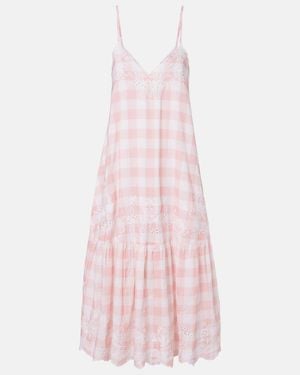 Juliet Dunn Embroidered Checked Cotton Midi Dress - Pink