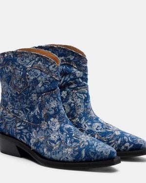 Ganni Low Shaft Embroidered Jacquard Cowboy Boots - Blue