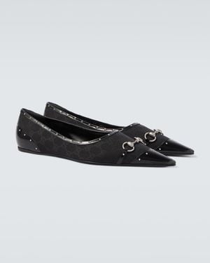 Gucci Horsebit Gg Canvas Studded Flats - Black