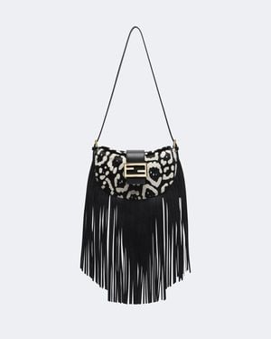 Fendi Croissant Fringed Calf Hair Shoulder Bag - Black