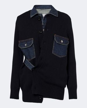 Sacai Layered Wool-Blend And Denim Cardigan - Blue