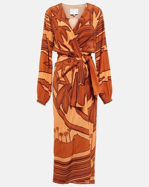 Johanna Ortiz Sociedades Antiguas Printed Silk Crepe De Chine Midi Wrap Dress - Orange