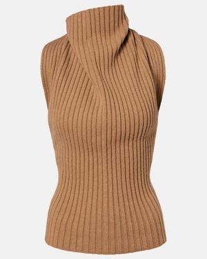 Victoria Beckham Draped Ribbed-Knit Wool-Blend Top - Brown