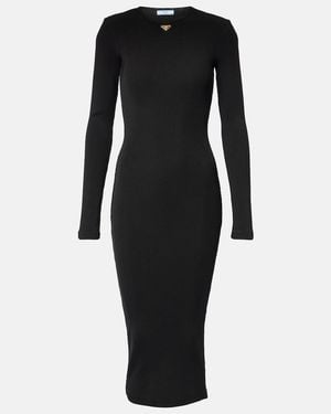 Prada Logo Ribbed-Knit Midi Dress - Black