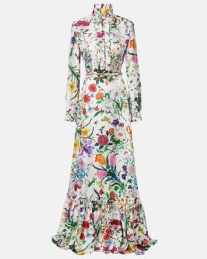 Gucci Floral Belted Silk Twill Gown - White