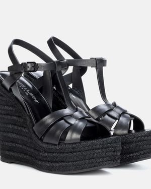 Saint Laurent Tribute Leather Espadrille Wedge Sandals - Black