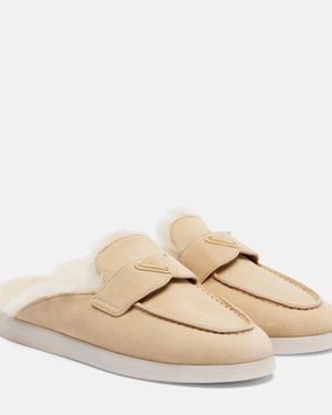 Prada Shearling-Lined Suede Mules - Natural