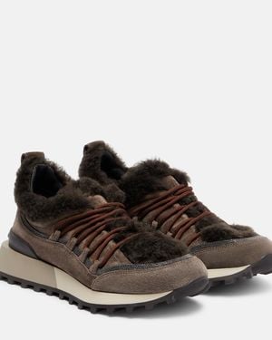 Brunello Cucinelli Shearling-Lined Suede Low-Top Trainers - Brown