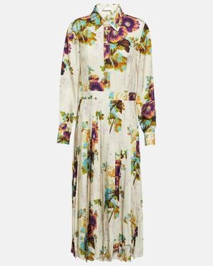Tory Burch Floral Pleated Satin Shirt Dress - Metallic