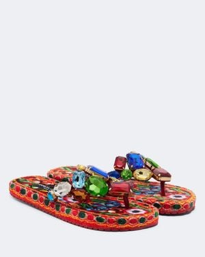 Dolce & Gabbana Embellished Leather Thong Sandals - Red