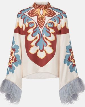 La DoubleJ Make An Exit Feather-Trimmed Silk Top - White