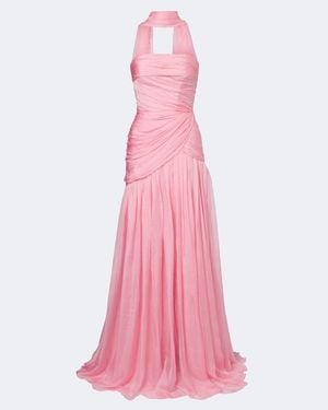 Monique Lhuillier Scarf-Detail Draped Silk Bustier Gown - Pink