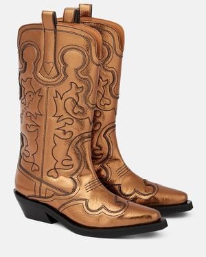 Ganni Mid Shaft Embroidered Western Boots - Brown