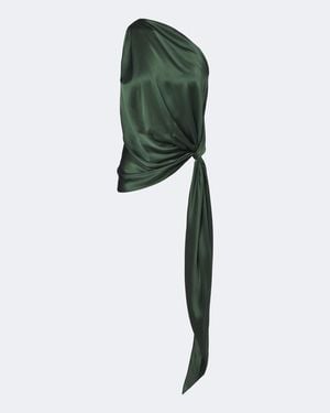 The Sei Draped One-Shoulder Silk Satin Top - Green