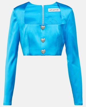 Self-Portrait Crystal-Embellished Satin Crop Top - Blue