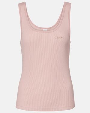Chloé Logo Ribbed-Knit Cotton Jersey Tank Top - Pink