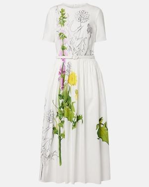 Oscar de la Renta Belted Floral-Print Cotton-Blend Poplin Midi Dress - White