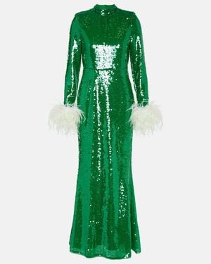 Self-Portrait Sequined Feather-Trimmed Gown - Green
