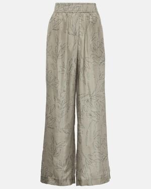 Brunello Cucinelli Floral Silk Wide-Leg Pants - Gray
