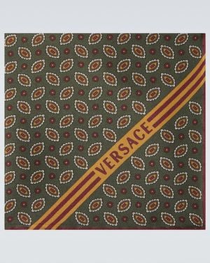 Versace Logo Printed Silk Pocket Square - Green