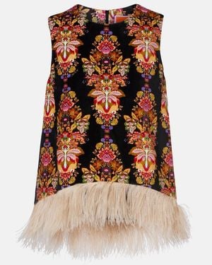 La DoubleJ La Scala Feather-Trimmed Cotton Top - Brown