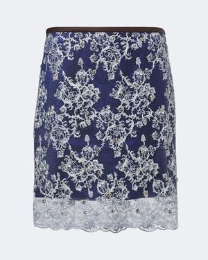 JACQUES WEI Embellished Leather-Trimmed Lace Miniskirt - Blue