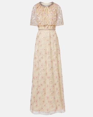 Self-Portrait Embellished Floral Caped Maxi Dress - Natural