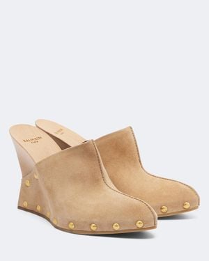 Balmain Suede Wedge Clogs - Natural