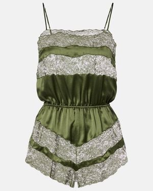 Saint Laurent Lace-Trimmed Silk Satin Romper - Green