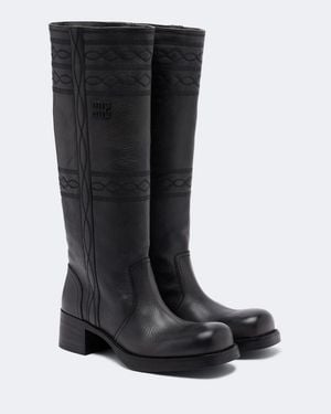Miu Miu Embroidered Leather Knee-High Boots - Black