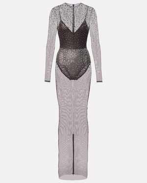 Alex Perry Crystal-Embellished Mesh Maxi Dress - Gray