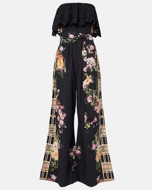 CAMILLA Floral Ruffled Strapless Cotton Jumpsuit - Blue