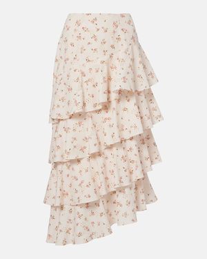 Markarian Laura Floral Tiered Cotton Midi Skirt - Natural