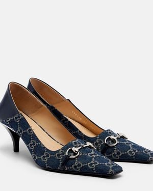 Gucci Vittoria Leather-Trimmed Denim Pumps - Blue