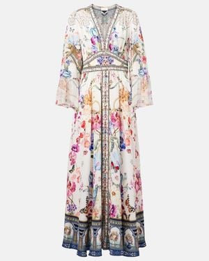 CAMILLA Crystal-Embellished Ruffled Floral-Print Silk Maxi Dress - White
