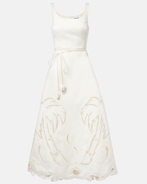 LEO LIN Palm Laser-Cut Embroidered Midi Dress - White