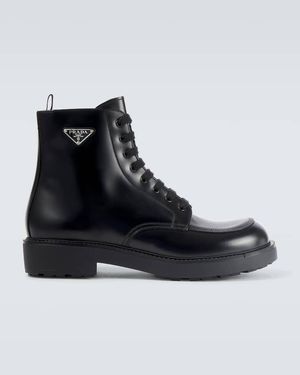 Prada Brushed Leather Logo Lace-Up Boots - Black