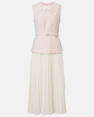 Self-Portrait Belted Pleated Boucle And Chiffon Midi Dress - White