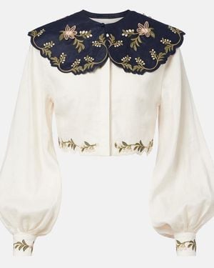 Agua Bendita Cumbre Embroidered Linen Blouse - Blue