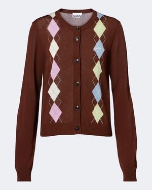 Ganni Argyle Cotton Cardigan - Brown