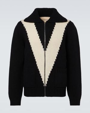 Valentino Intarsia Virgin Wool Zip-Up Cardigan - Black