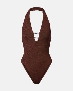 Hunza G Adriana Embellished Halterneck Swimsuit - Brown