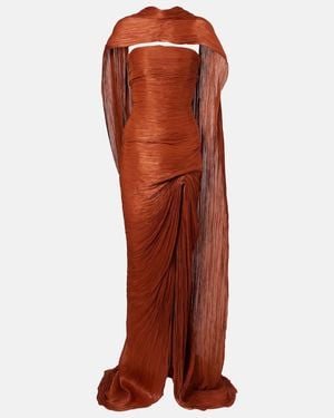 Marmar Halim Draped Pleated Scarf-Detail Bustier Gown - Red