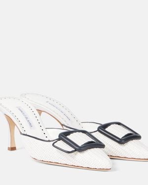 Manolo Blahnik Maysale 70 Leather-Trimmed Raffia Mules - White