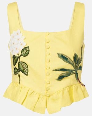 Agua Bendita Eslabon Floral-Applique Linen Crop Top - Yellow
