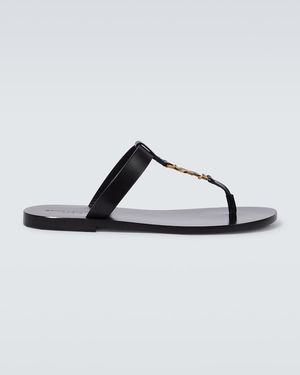 Saint Laurent Cassandre Leather Thong Sandals - Brown