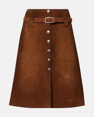 Prada Belted Suede Midi Skirt - Brown