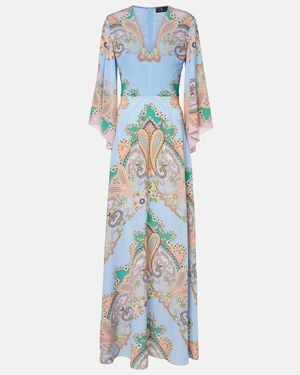 Etro Long Dress With All-Over Paisley Print And V-Neck - Blue