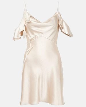 Self-Portrait Floral-Applique Ruffled Satin Minidress - Natural